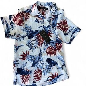 Direction Mens Tropical Leaf Print Button Down Shirt‎ White Blue Red KNWS3200